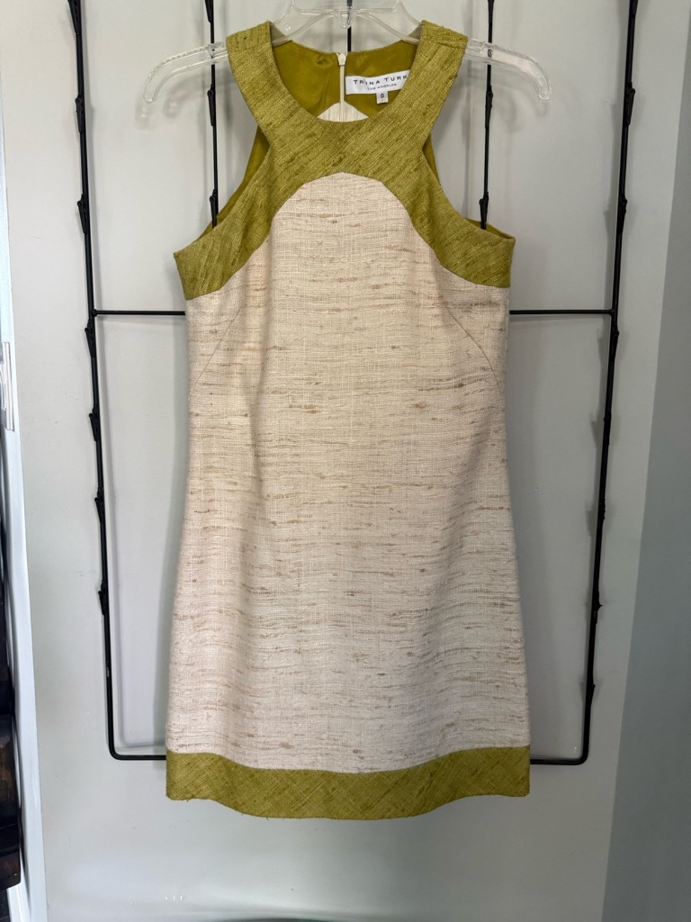 Trina Turk Cream Dress with Olive Contrast Trim
